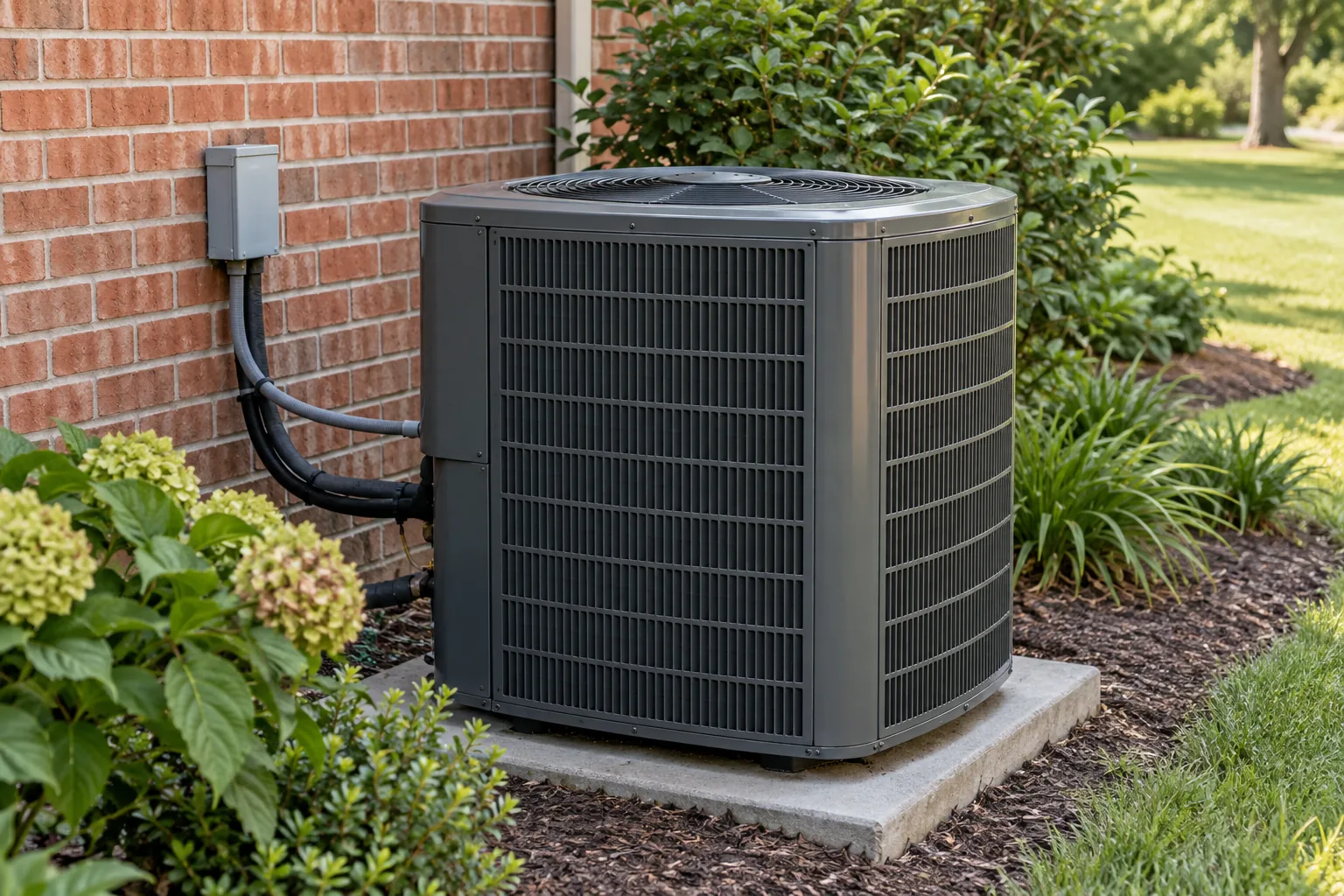 Outdoor air-conditioning condenser beside a brick home.