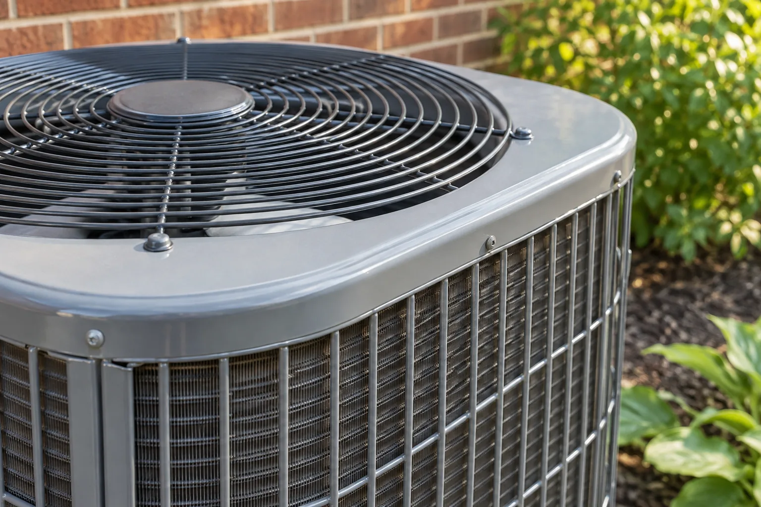 Close-up of an outdoor condenser’s fan grille and cooling fins.